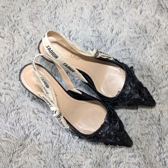 Dior J'Adior Slingback Pumps Bow Black Floral Leather Applique Size 37 - Picture 4 of 13
